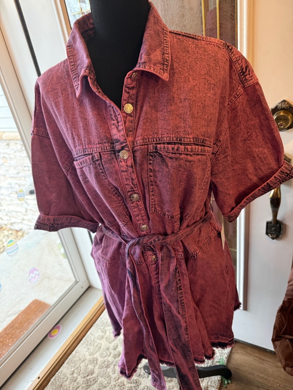 Free People Maroon Acid-Wash Mini Dress with Tie Waist